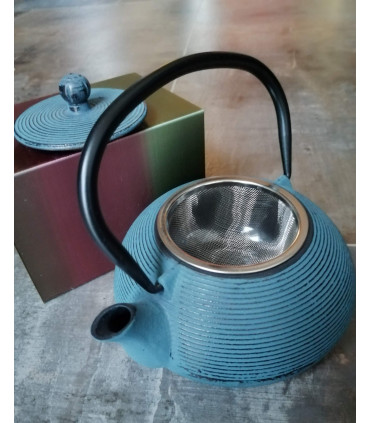 Blauwe gietijzeren theepot