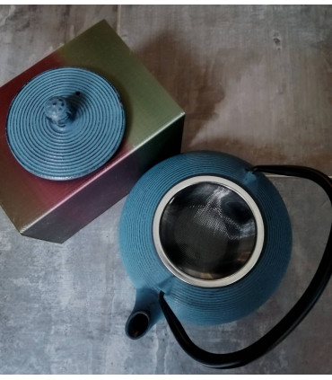 Blauwe gietijzeren theepot